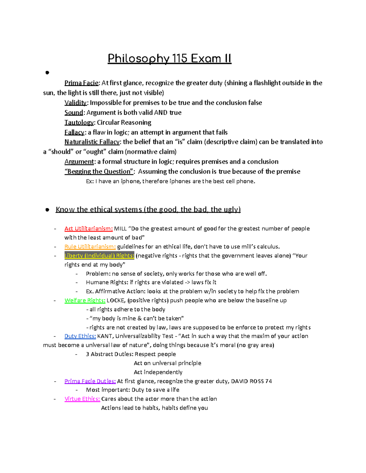 PHI 115 Final Exam II: Comprehensive Study Guide by William Harwood ...