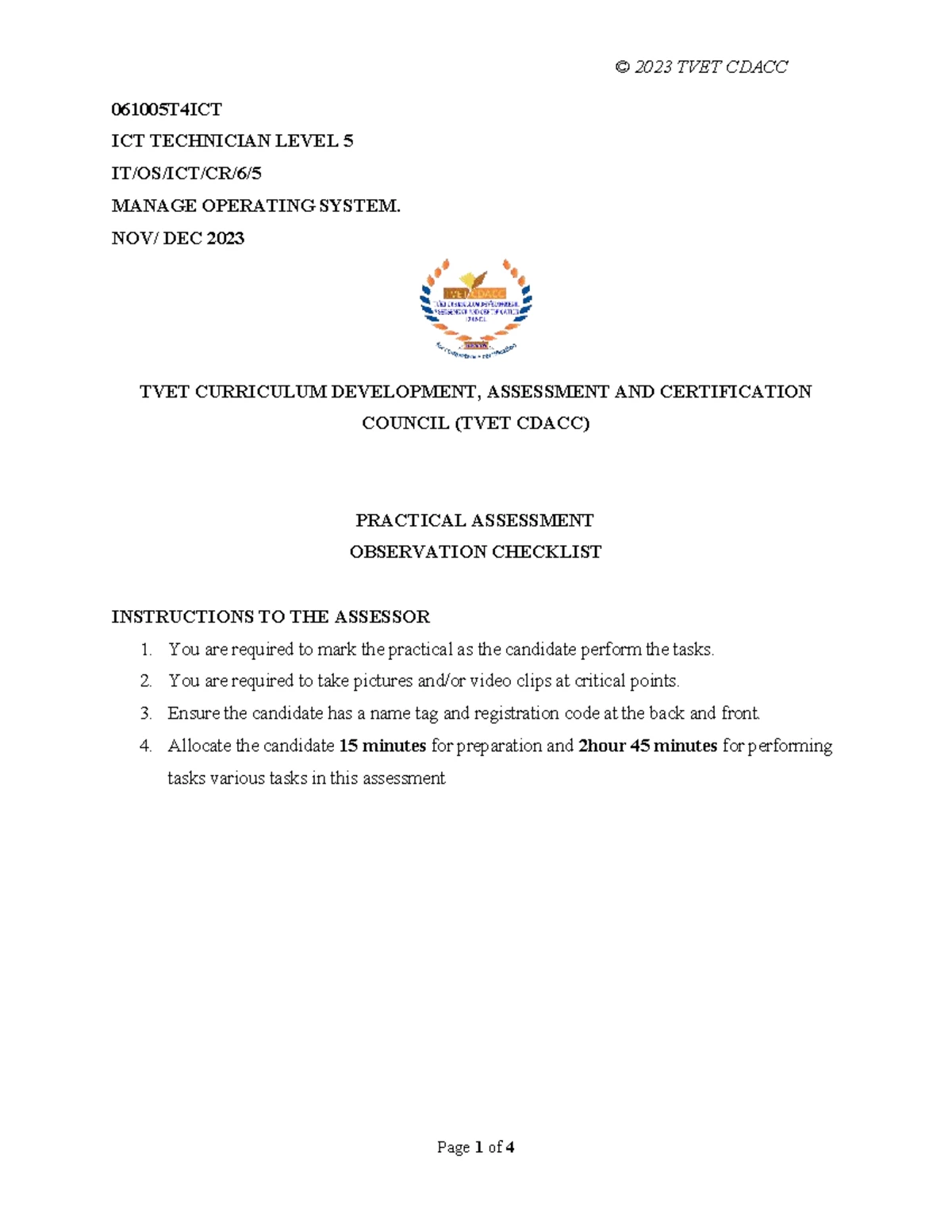 2023 TVET CDACC 061005T4ICT ICT Technician Level 5 OS Assessment ...