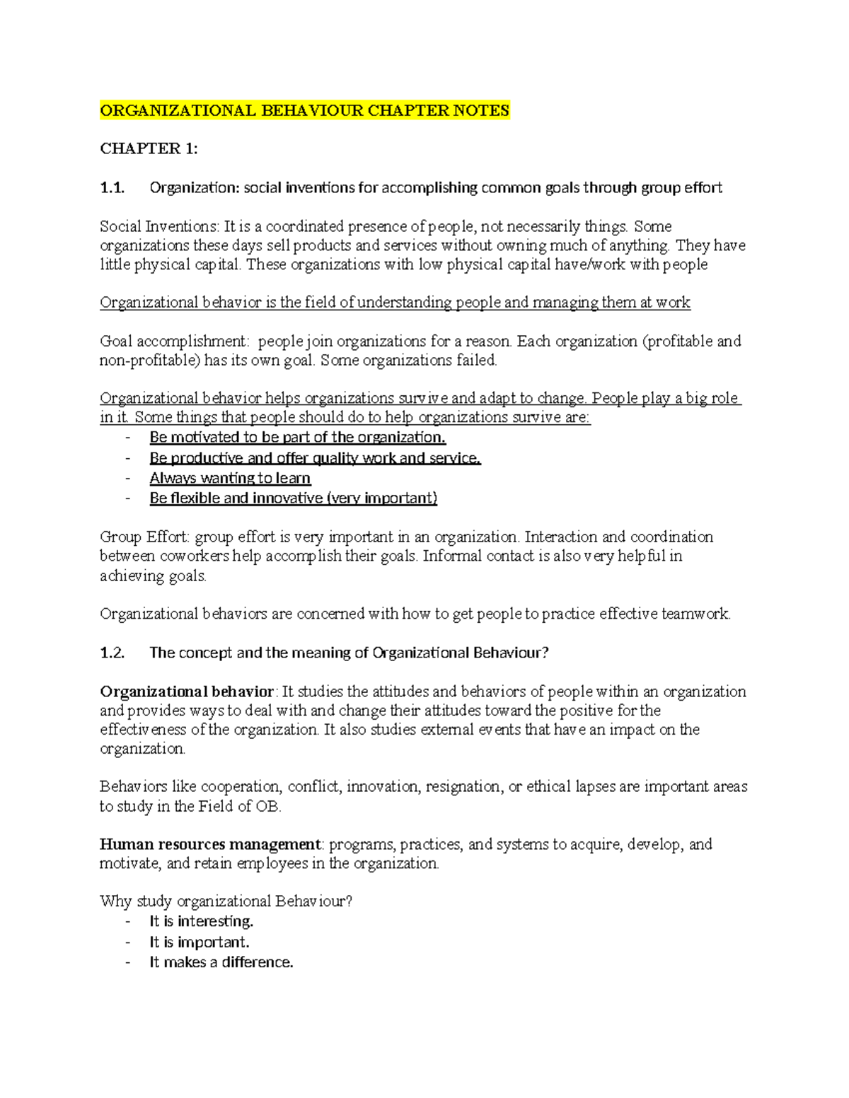 Organizational Behaviour Chapter Notes (OB 101) - Key Concepts and ...