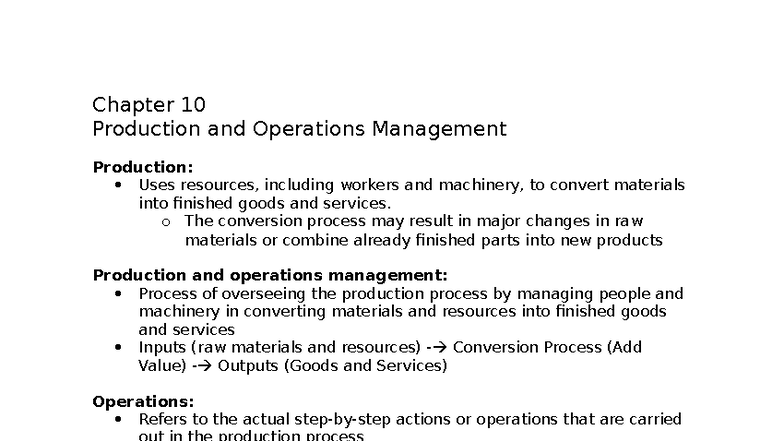Chapter 10 - Production and Operations Management Overview - Studocu