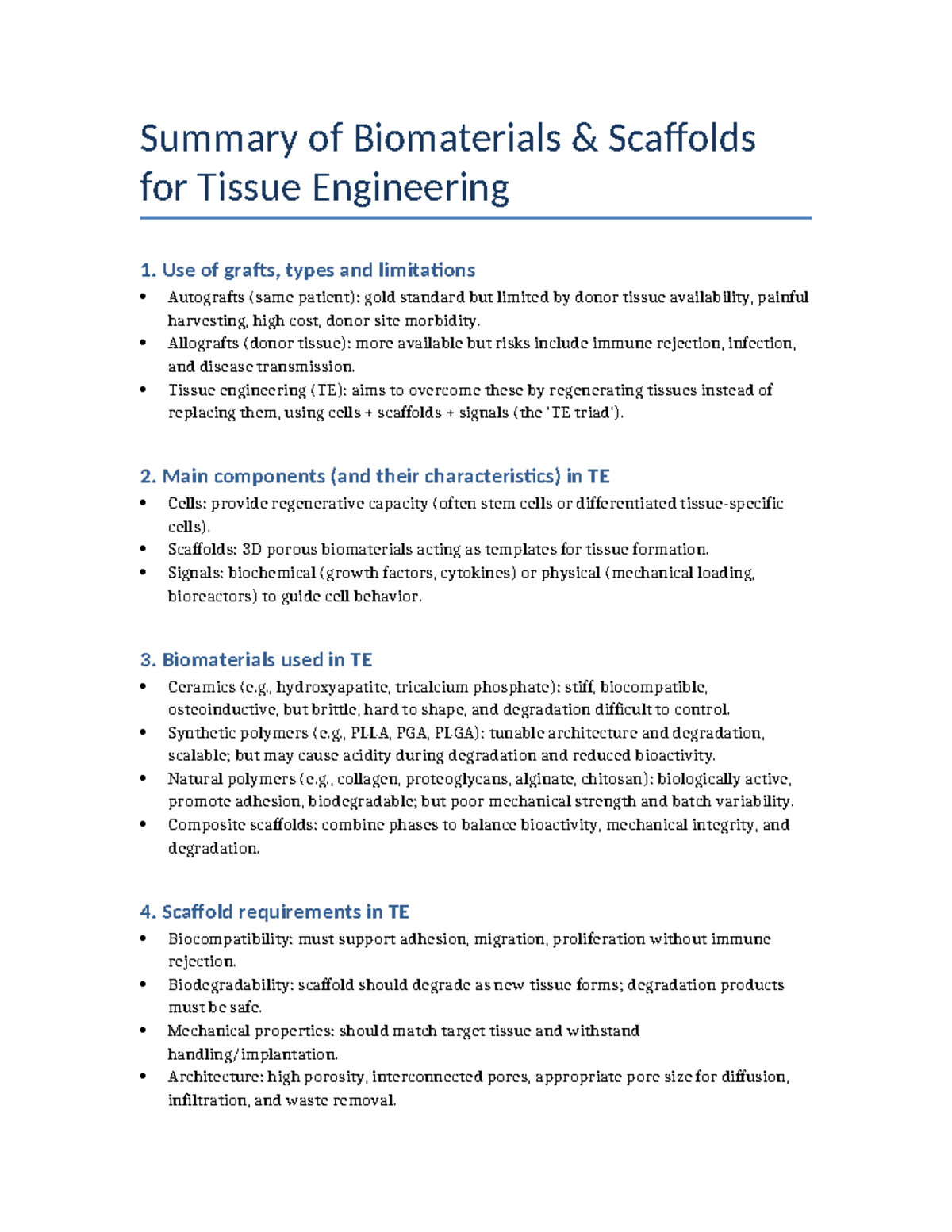 Summary of Biomaterials Scaffolds for Tissue Engineering (TEB) - Studocu
