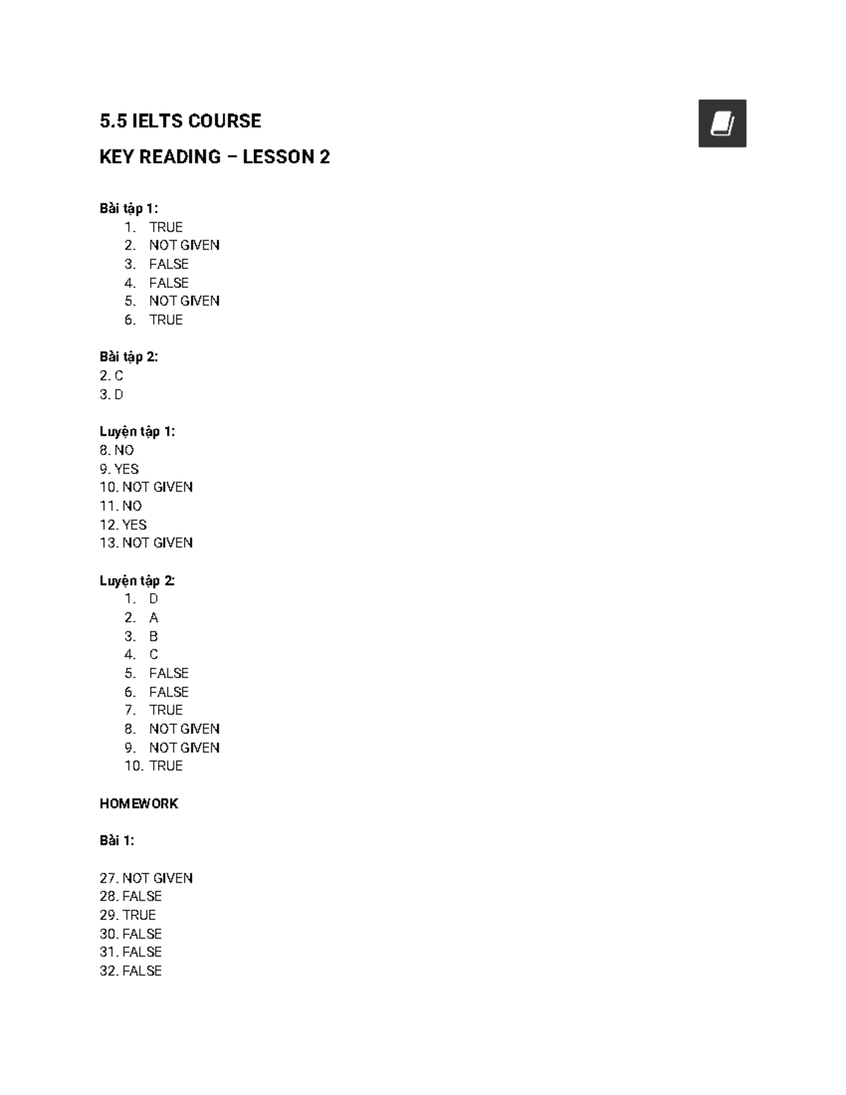 5.5 IELTS Reading Key Lesson 2 Answers and Exercises - Studocu