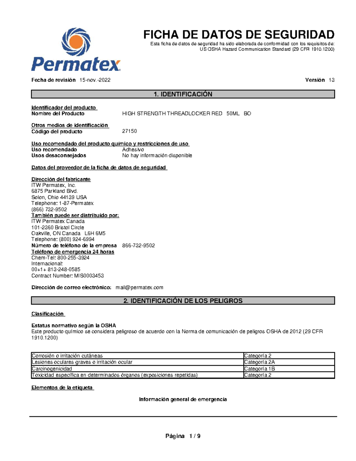 Ficha de Datos de Seguridad: HIGH STRENGTH THREADLOCKER RED 50ML BO ...