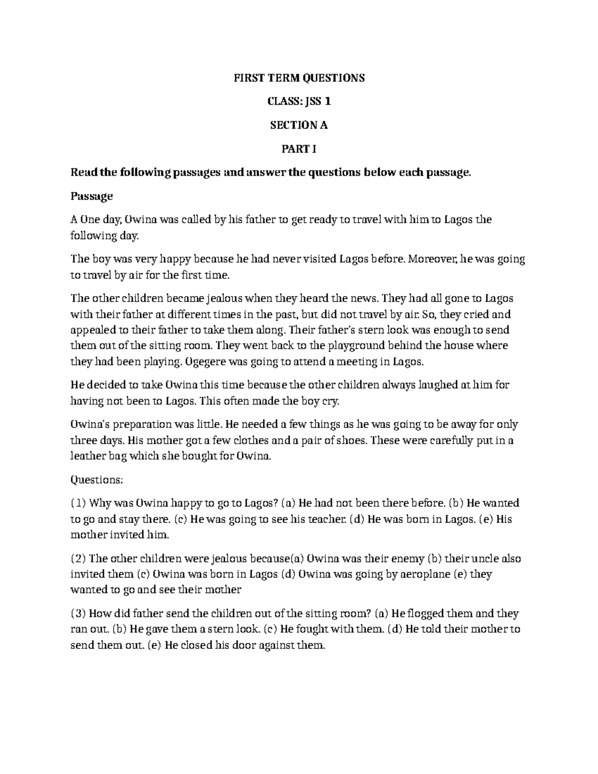 First Term Questions for Grade 7 English: JSS 1 Section A - Studocu