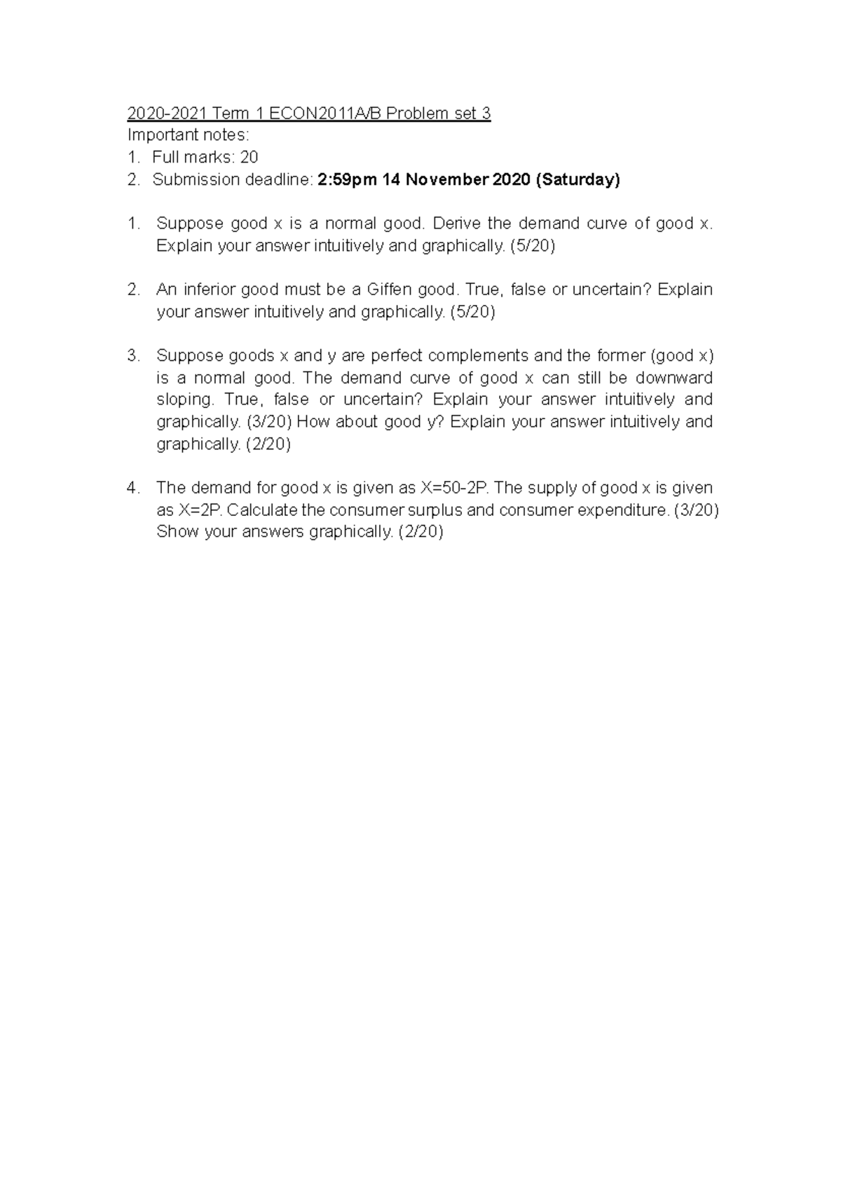 ECON2011 Problem Set 3: Demand Curve Analysis and Graphical Insights ...