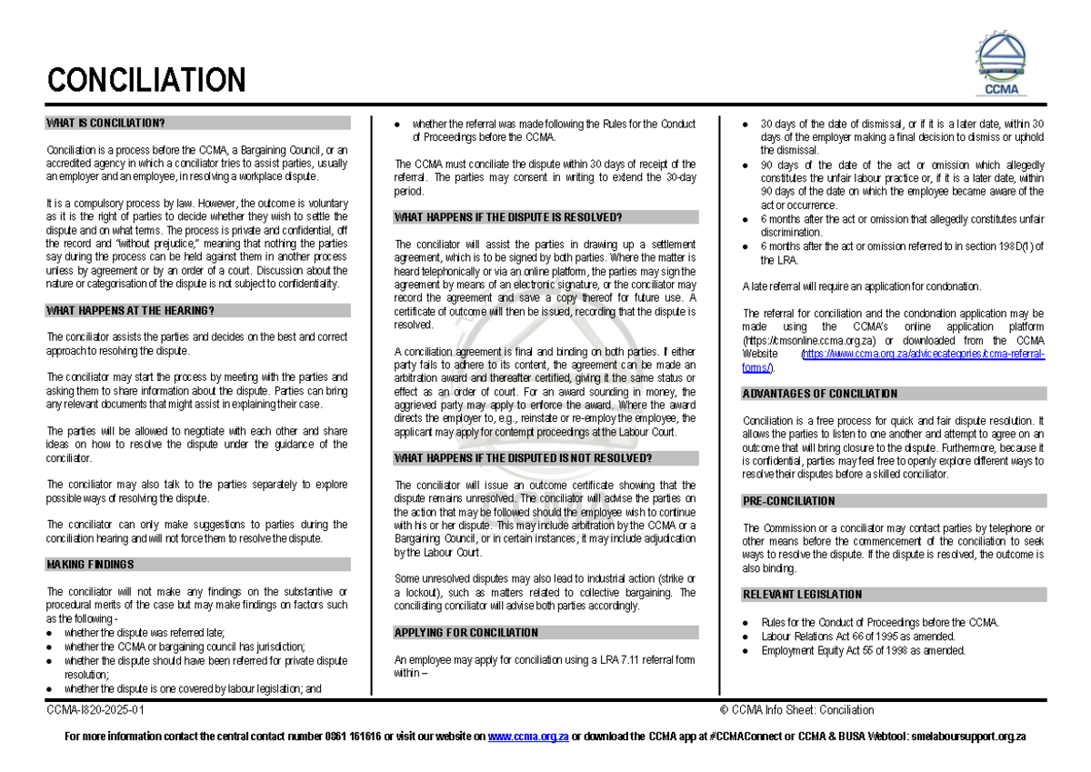 Conciliation Process Overview: CCMA Guidelines & Procedures - Studocu