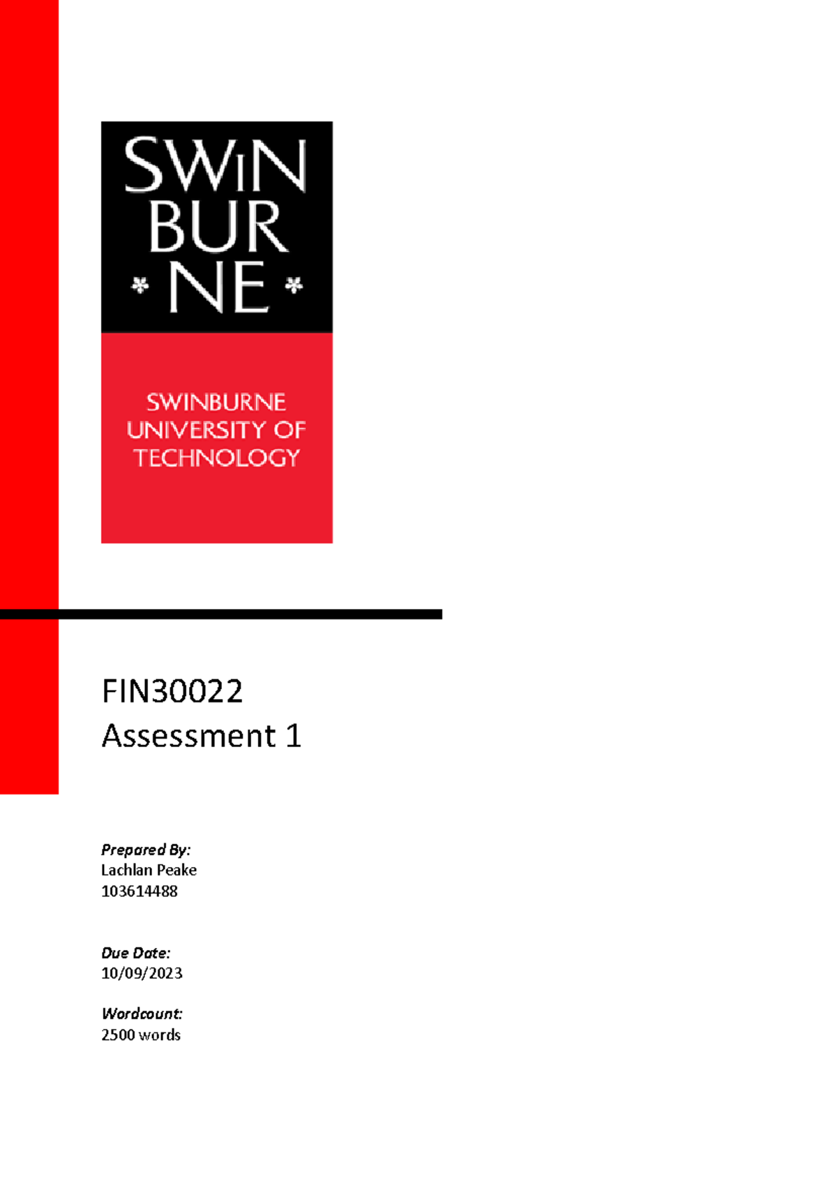Assessment 1 - Assignment 1 - FIN Assessment 1 Prepared By: Lachlan ...