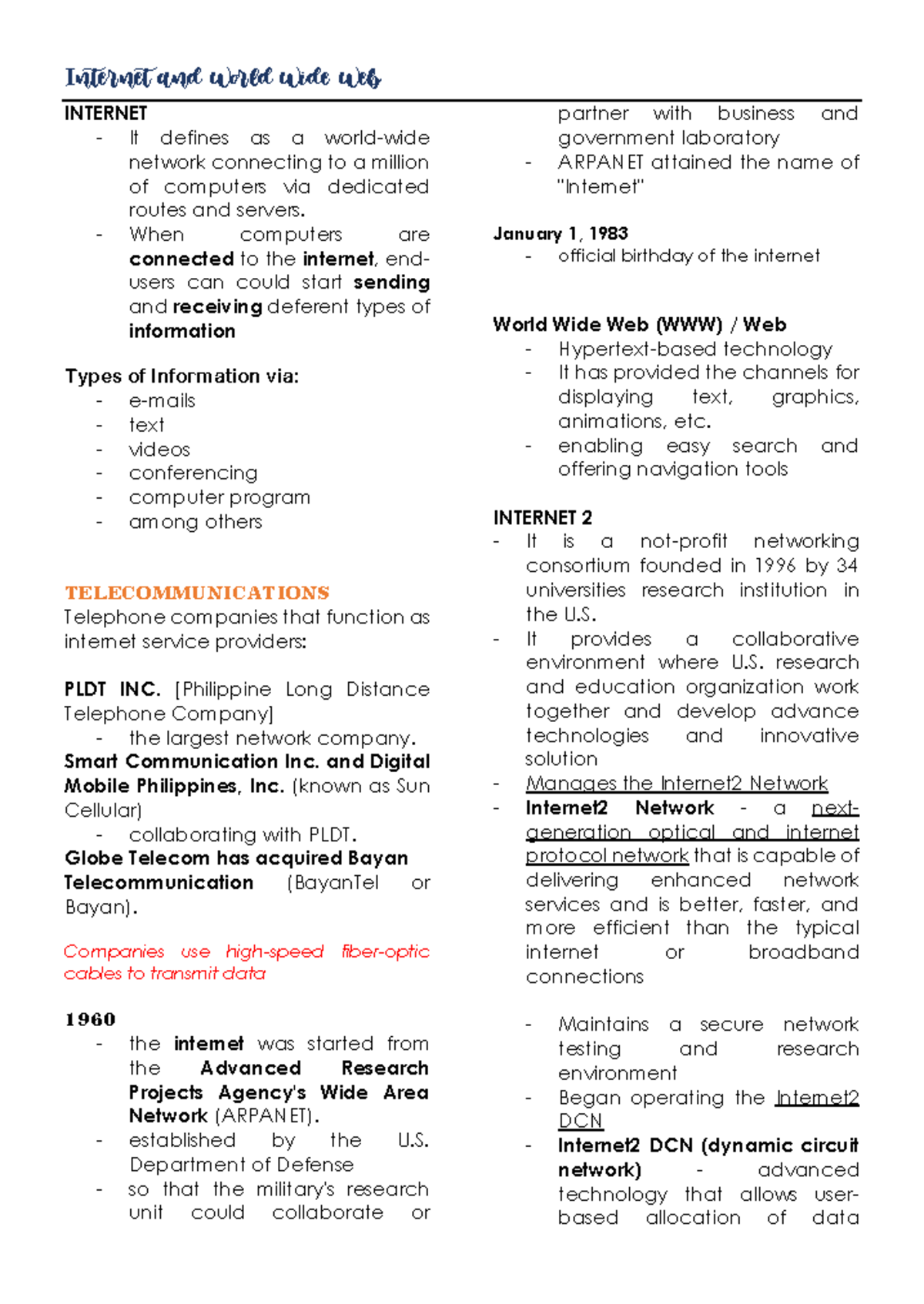 LITE Midterm L1 - Internet and World Wide Web INTERNET It defines as a ...