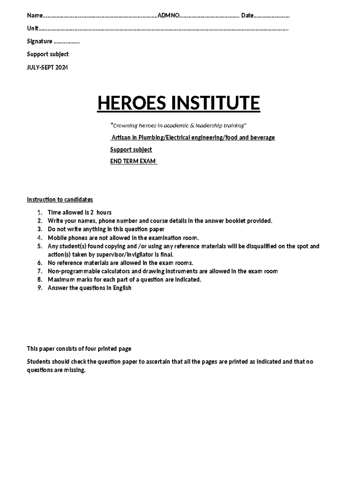 Support Subject - End Term Exam Revision Questions & Guidelines - Studocu