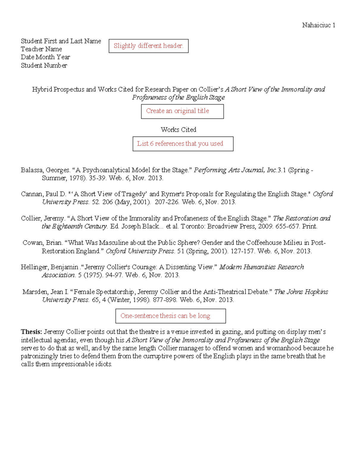 Hybrid Prospectus & Works Cited for Research Paper on English Stage ...