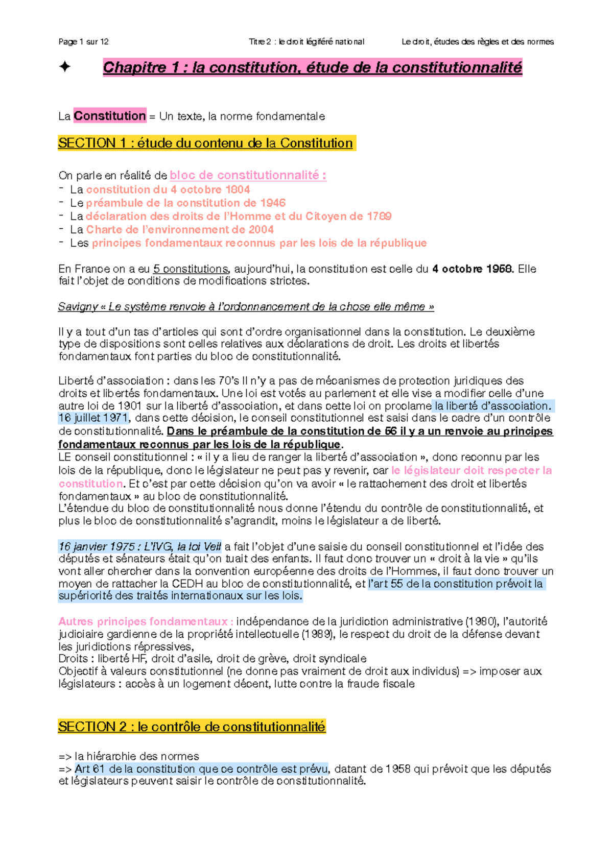 Thème 2 : Cours d'introduction au droit - Étude de la Constitution et ...