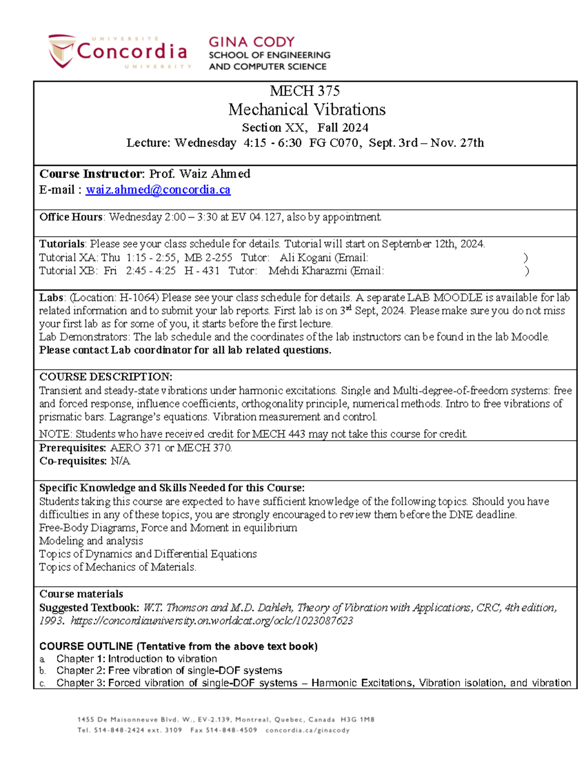 MECH 375 - Mechanical Vibrations Course Outline - Fall 2024 - Studocu