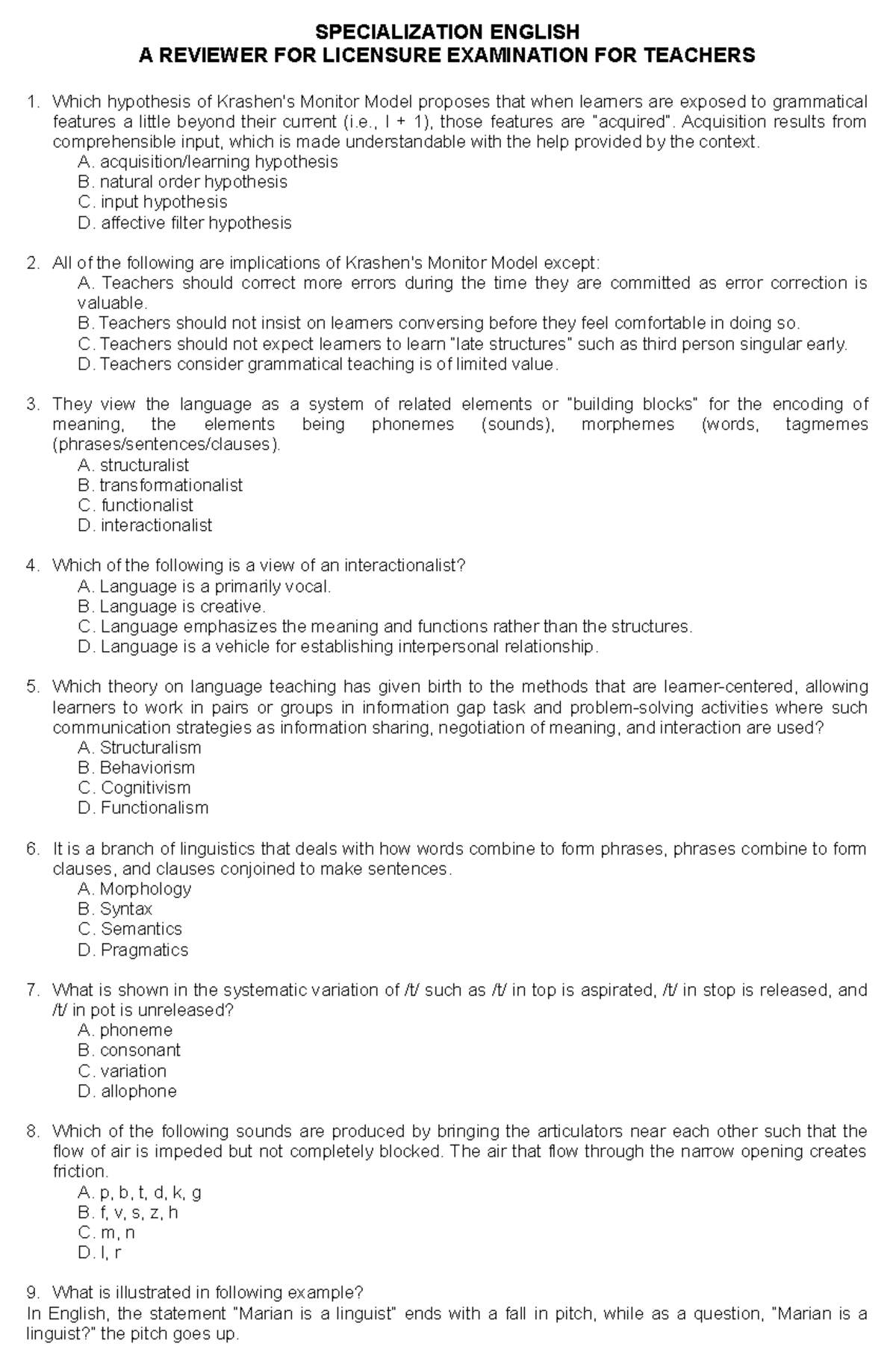 Specialization English: Reviewer for Licensure Exam (LET) - Studocu