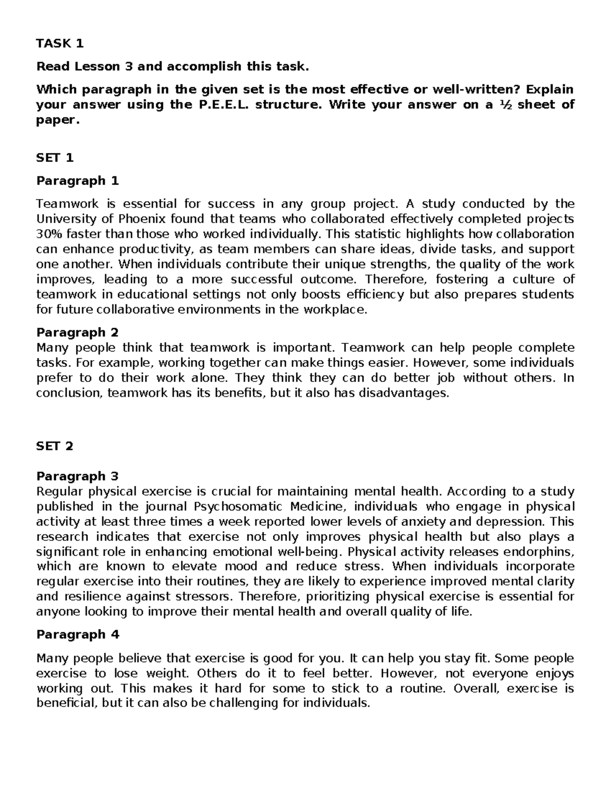 TASK 1: Analyze Effectiveness of Paragraphs in Lesson 3 - Studocu