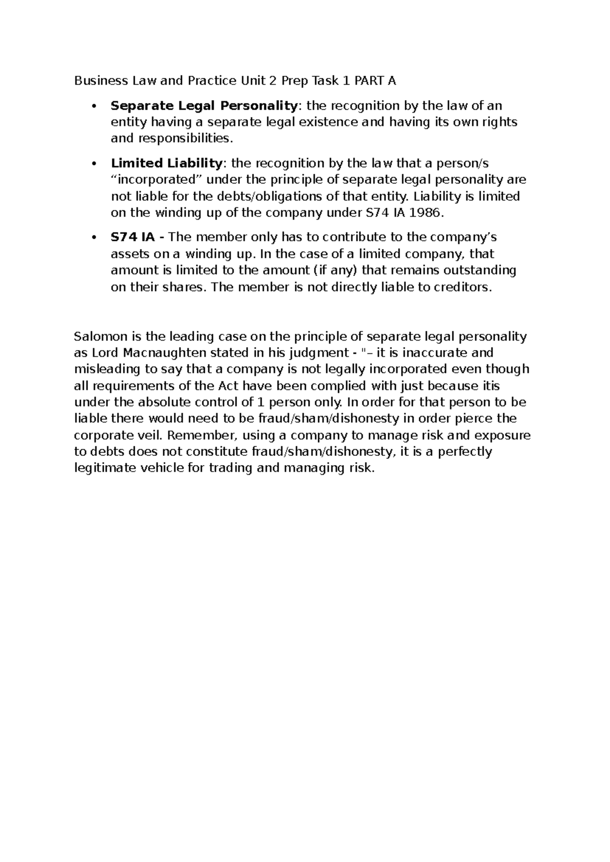 Business Law & Practice: Unit 2 Prep Task 1 - Part A Overview - Studocu