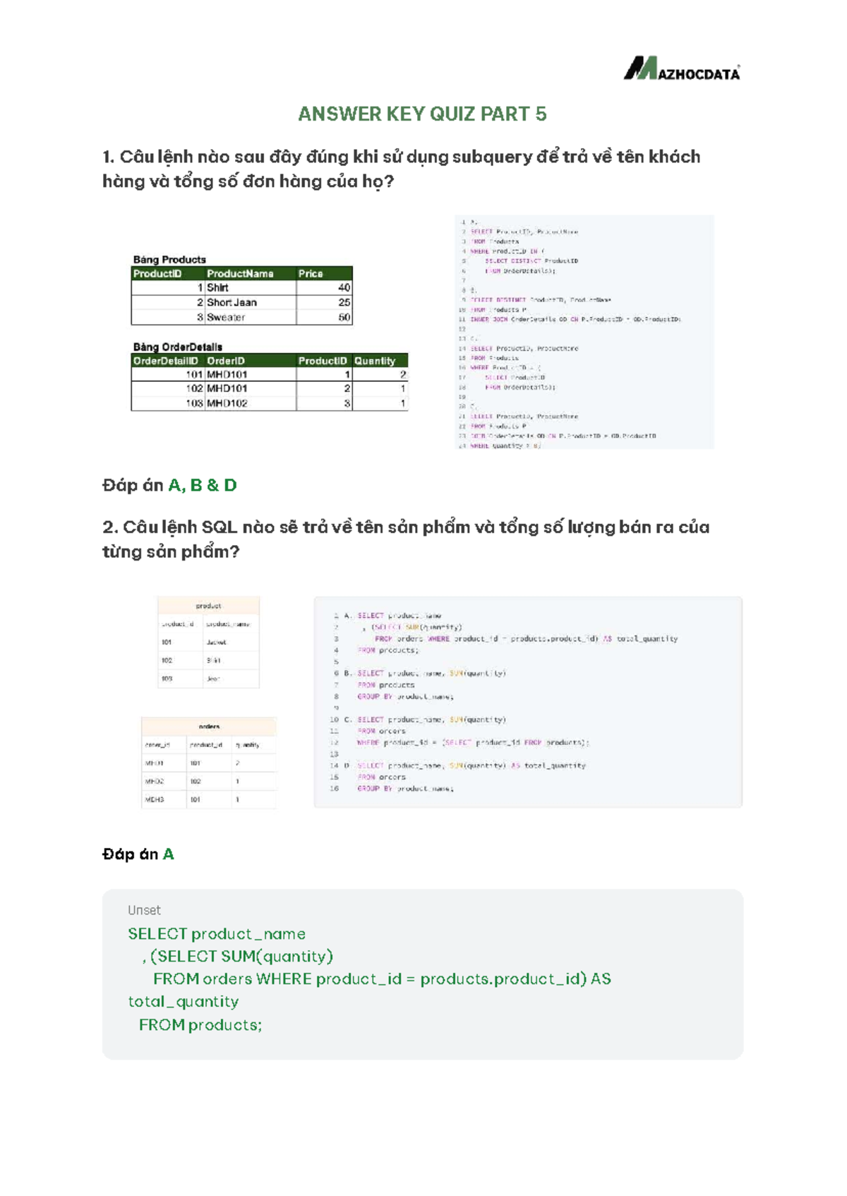 ANSWER KEY QUIZ PART 5 - SQL Subqueries and Aggregations - Studocu