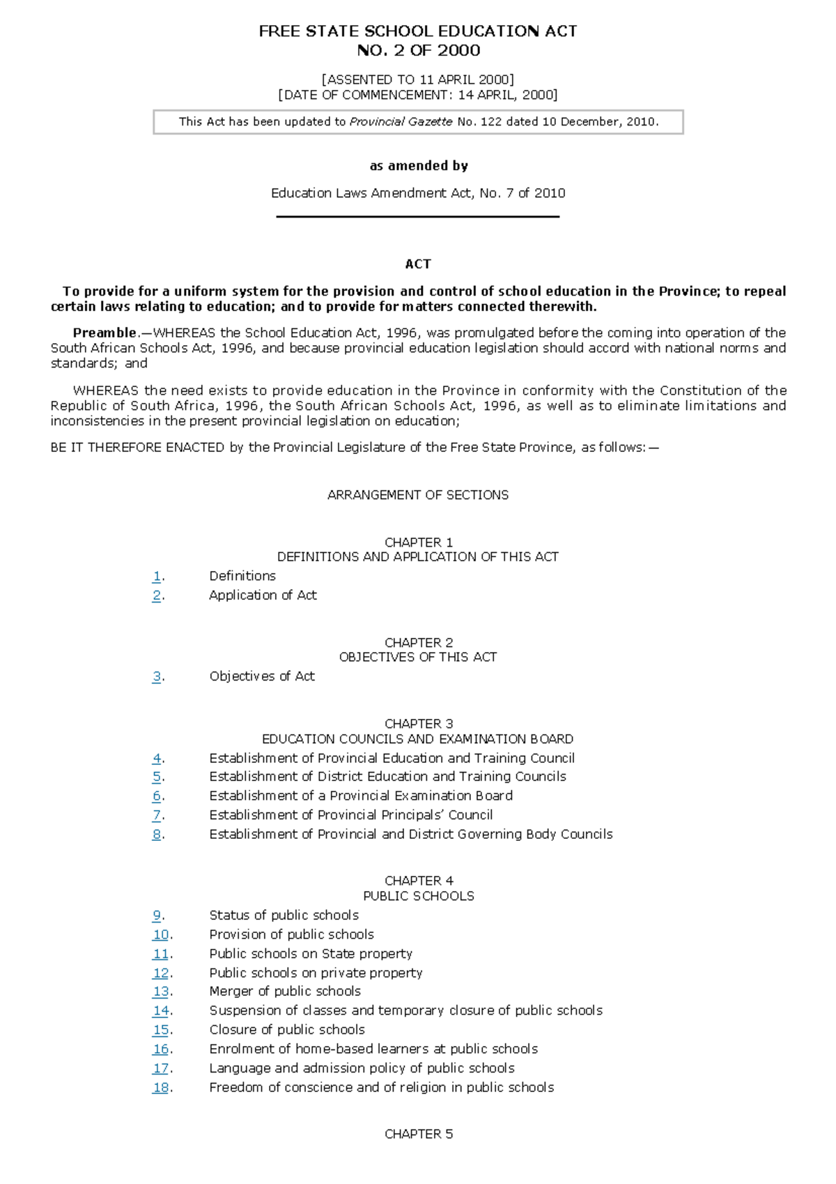 Free State School Education Act 2 of 2000 Overview and Provisions - Studocu