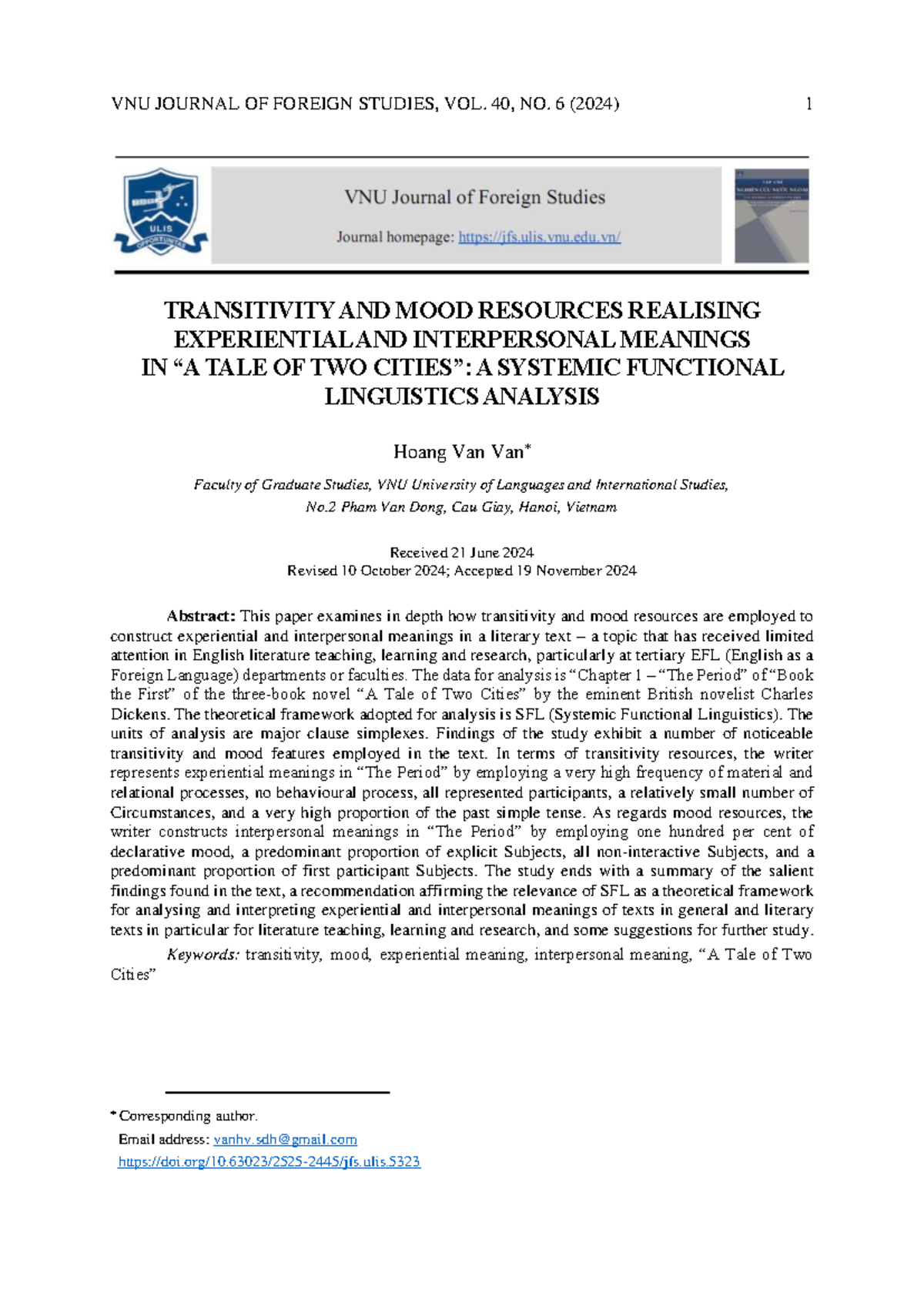 Transitivity and Mood in Dickens' "Tale of Two Cities": SFL Analysis ...