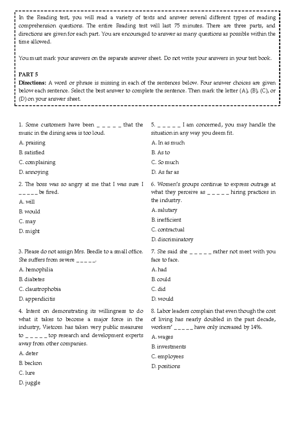 FULL TEST 100 CÂU BKHN - Reading Comprehension Practice for Exam - Studocu