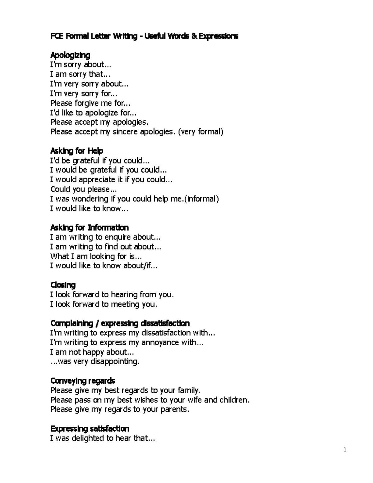 Expressions IN Writing Formal Letters B - FCE Formal Letter Writing ...
