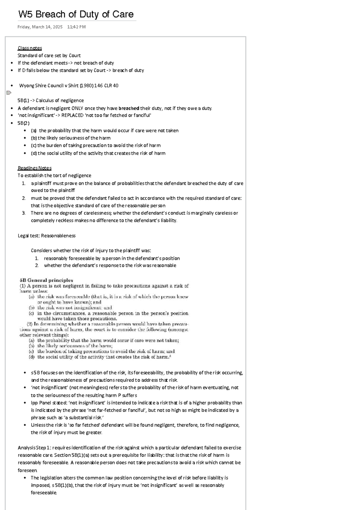 W5A Torts Notes: Breach of Duty of Care Analysis - Studocu