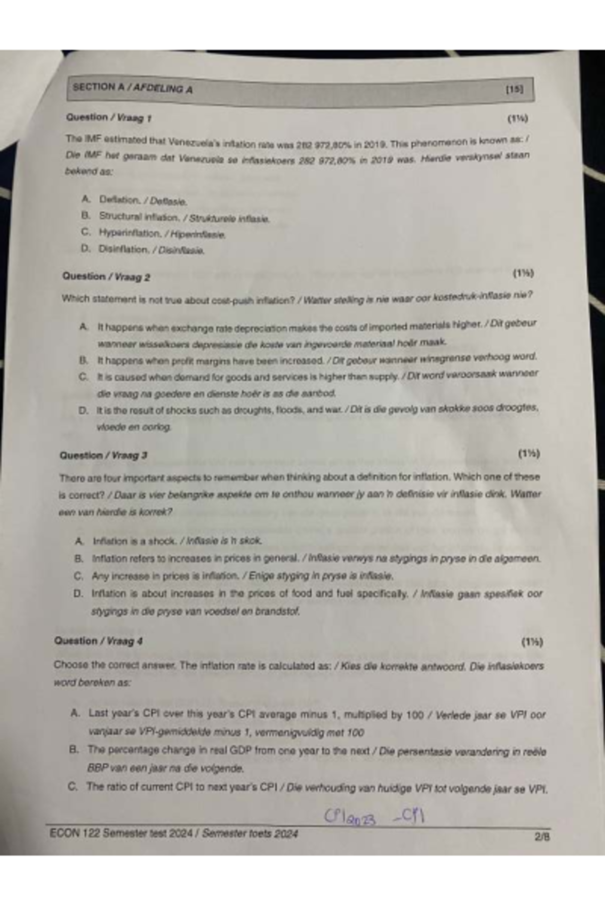 Econ 122 Semester Test 2024: Inflation and Fiscal Policy Questions ...