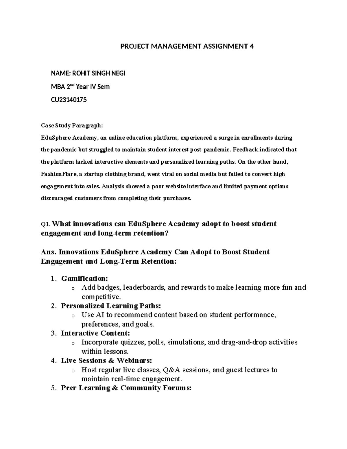 Project Management Assignment 4 - PROJECT MANAGEMENT ASSIGNMENT 4 NAME ...