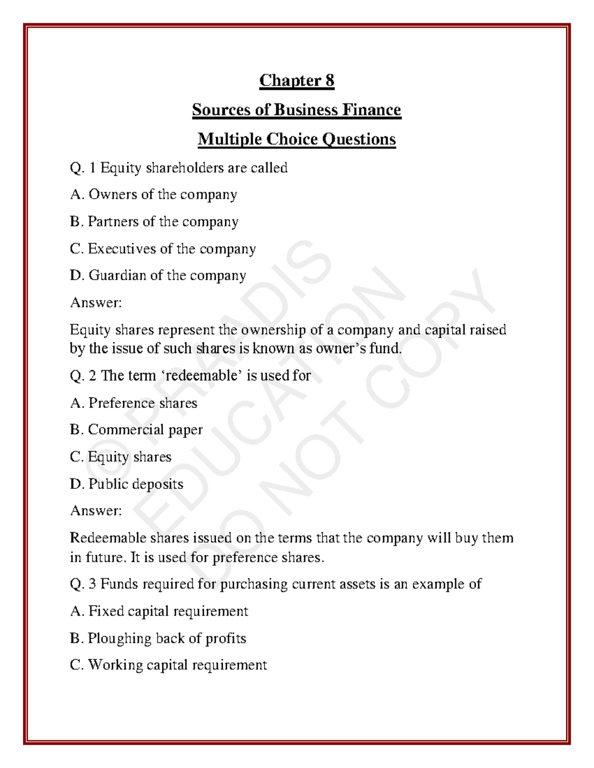 Chapter 8: Sources of Business Finance MCQs and Short Answers (004 ...