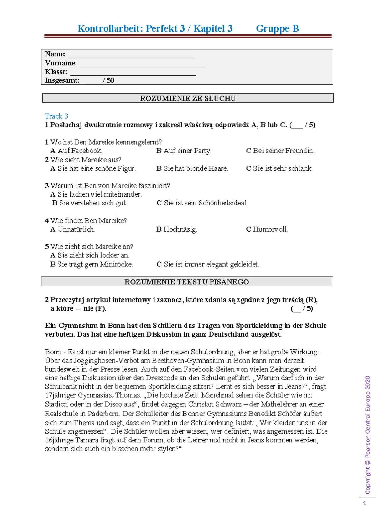 Sprawdzian Z Niemieckiego 1 Liceum www.studocu.com