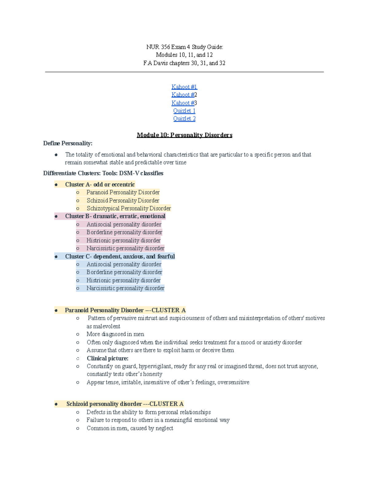NUR 356 Exam 4 Review: Personality & Eating Disorders Insights - Studocu