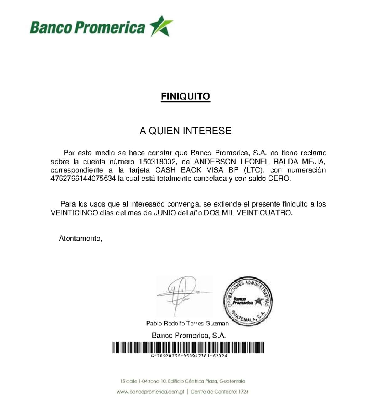 finiquito de banco - Document Preview