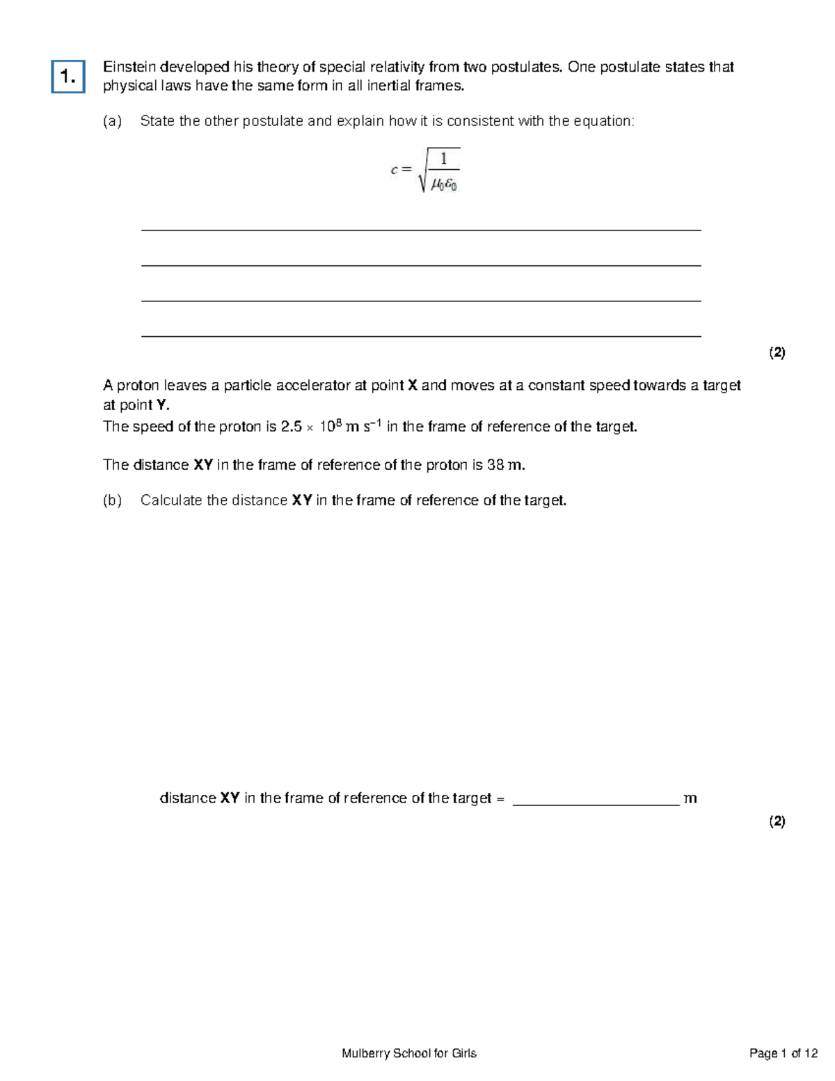 Special Relativity Exam Questions (SR101) - Studocu