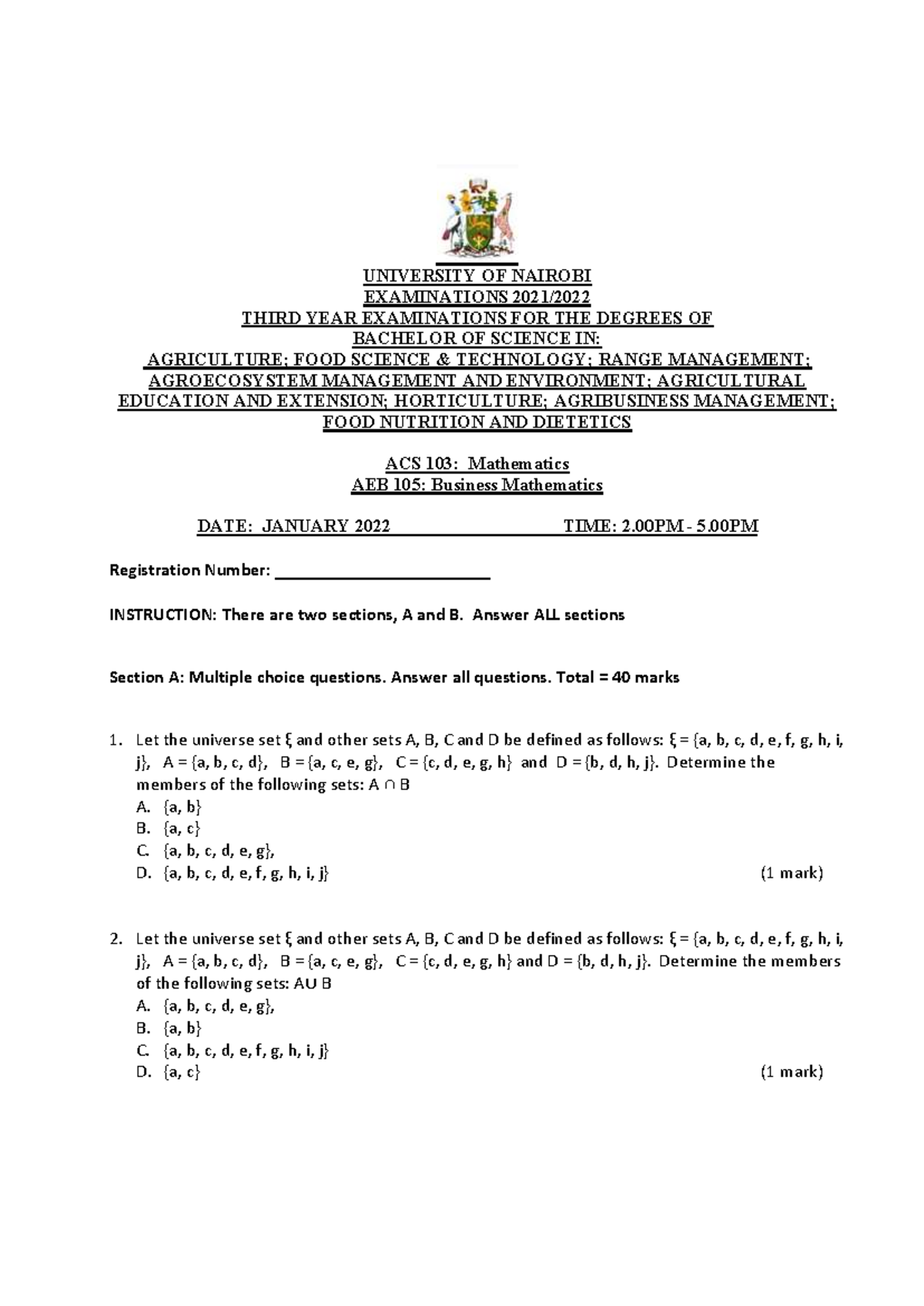 ACS 103 Mathematics exams 2022 Jan - THIRD YEAR AGRICULTURE; FOOD ...