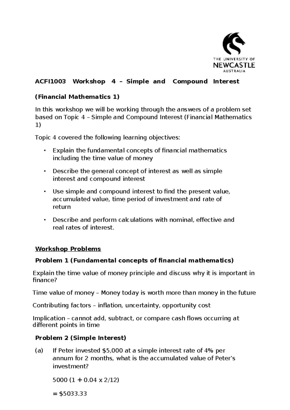 ACFI1003 Workshop 4: Exploring Simple & Compound Interest in Finance ...