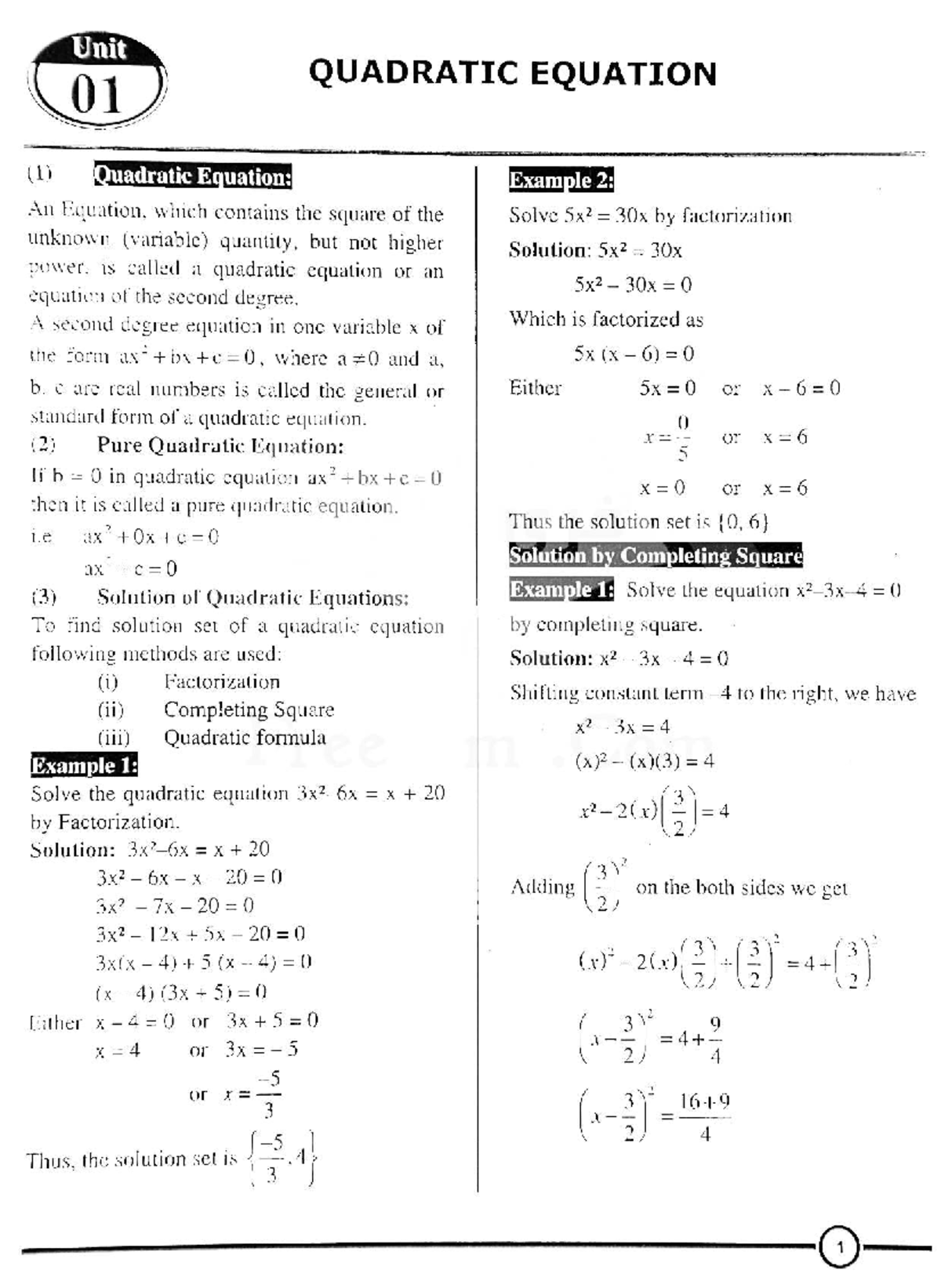 Algebra 10 - Chapter 1: Quadratic Equations and Solutions - Studocu