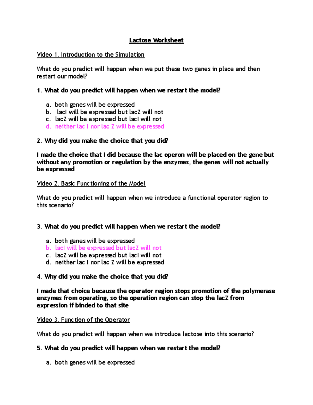 Lactose Worksheet: Understanding the Lac Operon Model Dynamics - Studocu