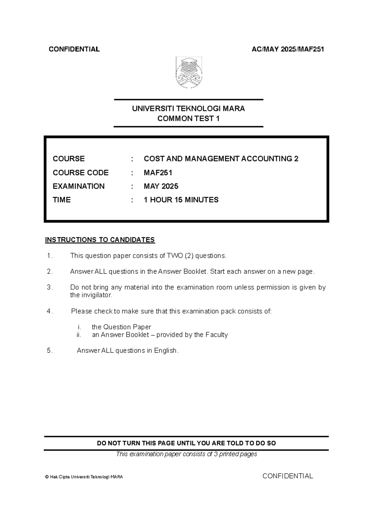 CT MAF251 Common Test 1 - Cost and Management Accounting May 2025 - Studocu