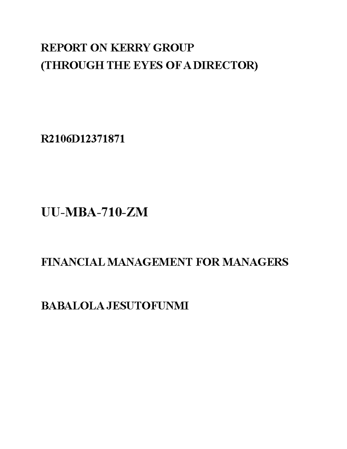 Kerry Group Analysis: Financial Mgmt Report R2106D - UU-MBA-710-ZM ...