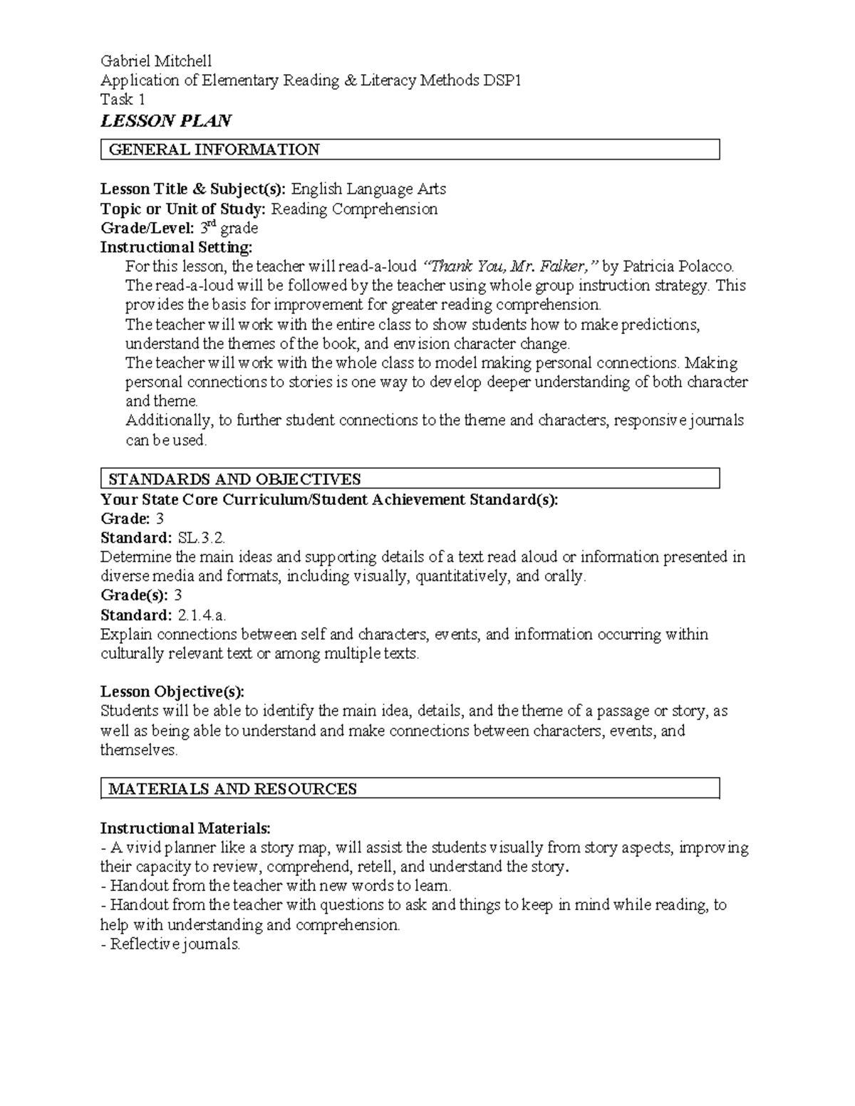 DSP1 Task 1: Lesson Plan on Reading Comprehension for 3rd Grade - Studocu