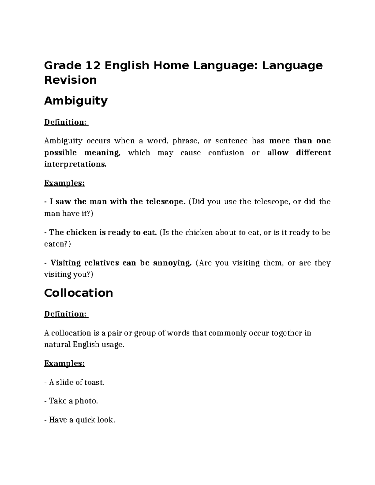 Grade 12 English Language Revision Terms: Key Concepts Explained - Studocu