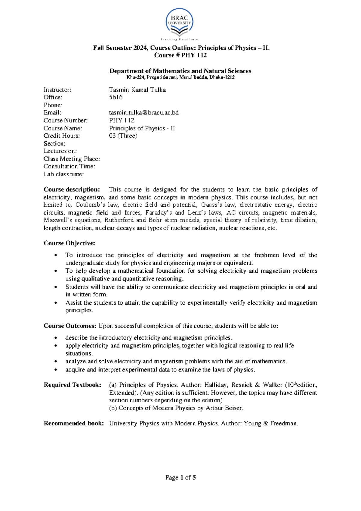 Course Outline for PHY 112: Principles of Physics II - Fall 2024 - Studocu