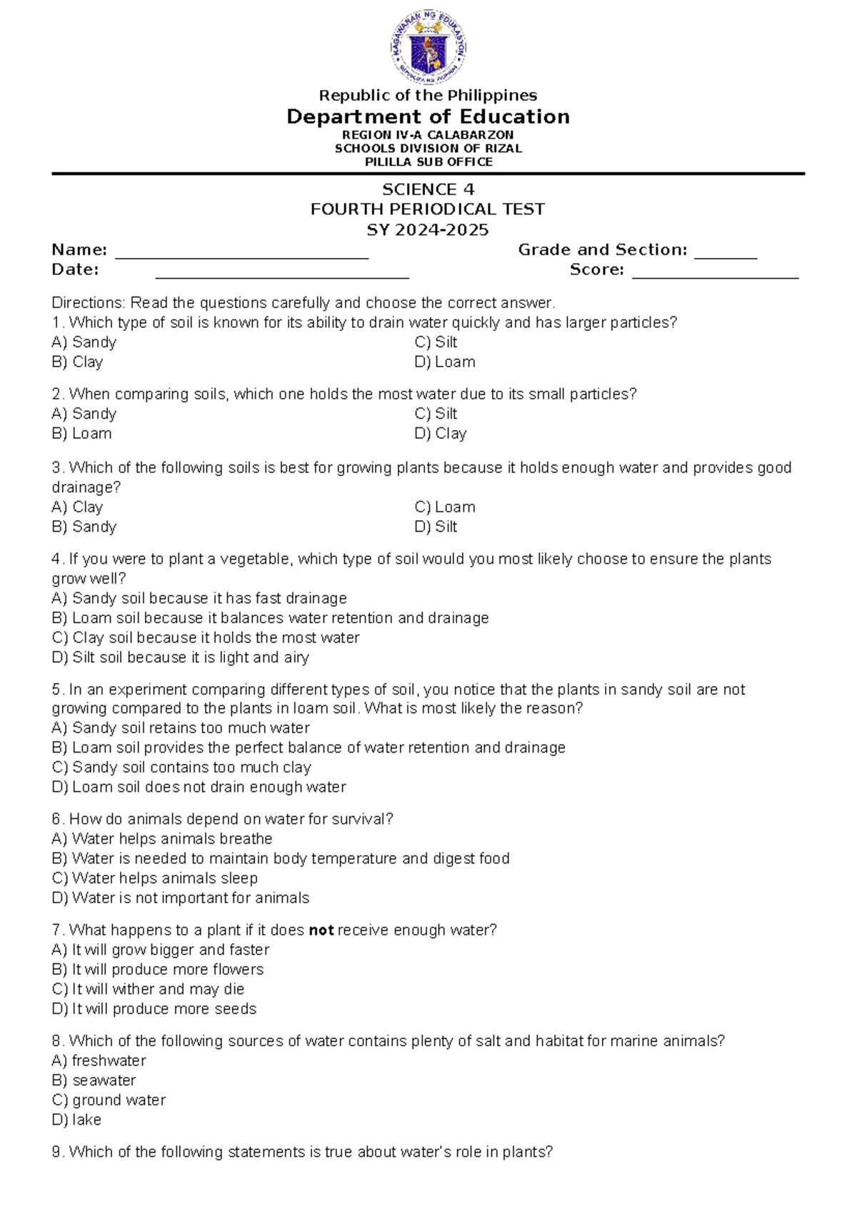 Fourth Periodical Test in Science 4 (SY 2024) - Studocu