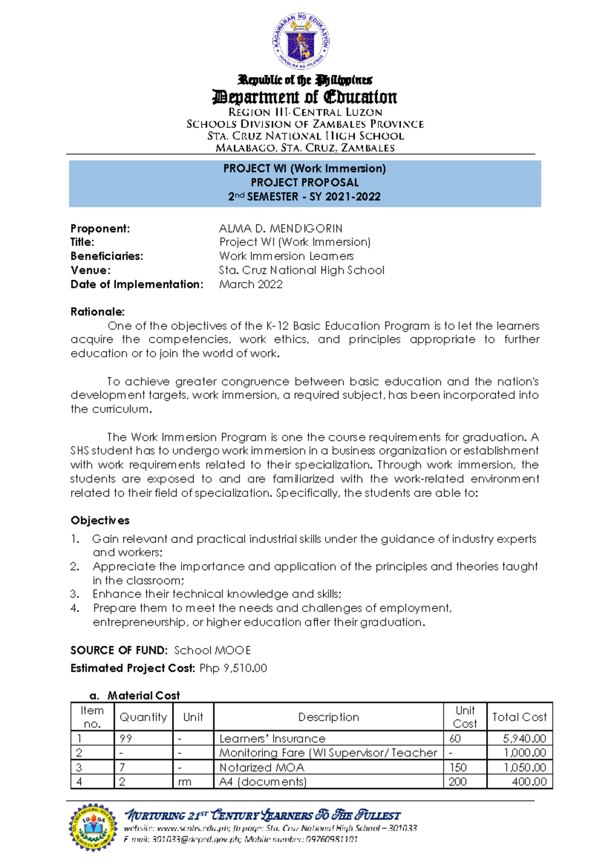 Work Immersion Activity Proposal (Project WI) - March 2022 - Studocu