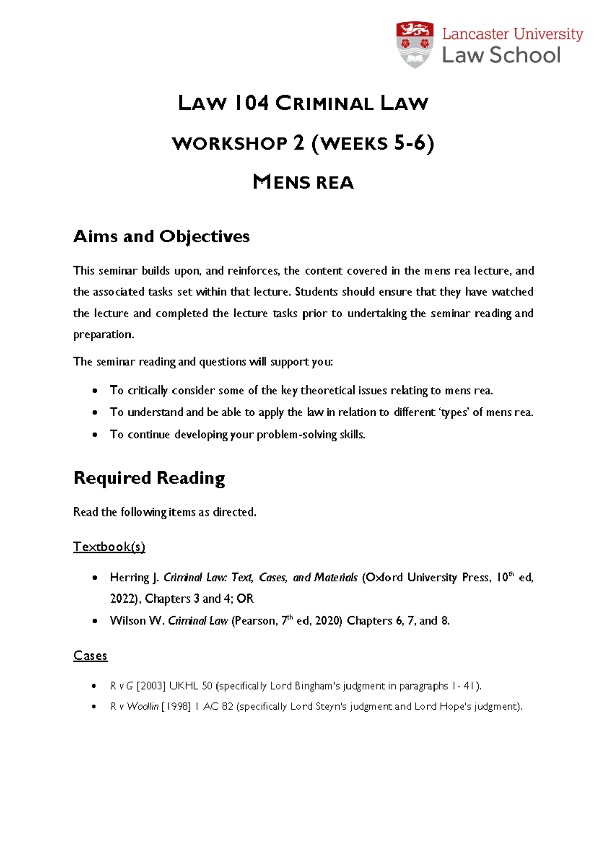 LAW 104 Mens Rea Seminar Workshop Notes (Weeks 5-6) - Studocu