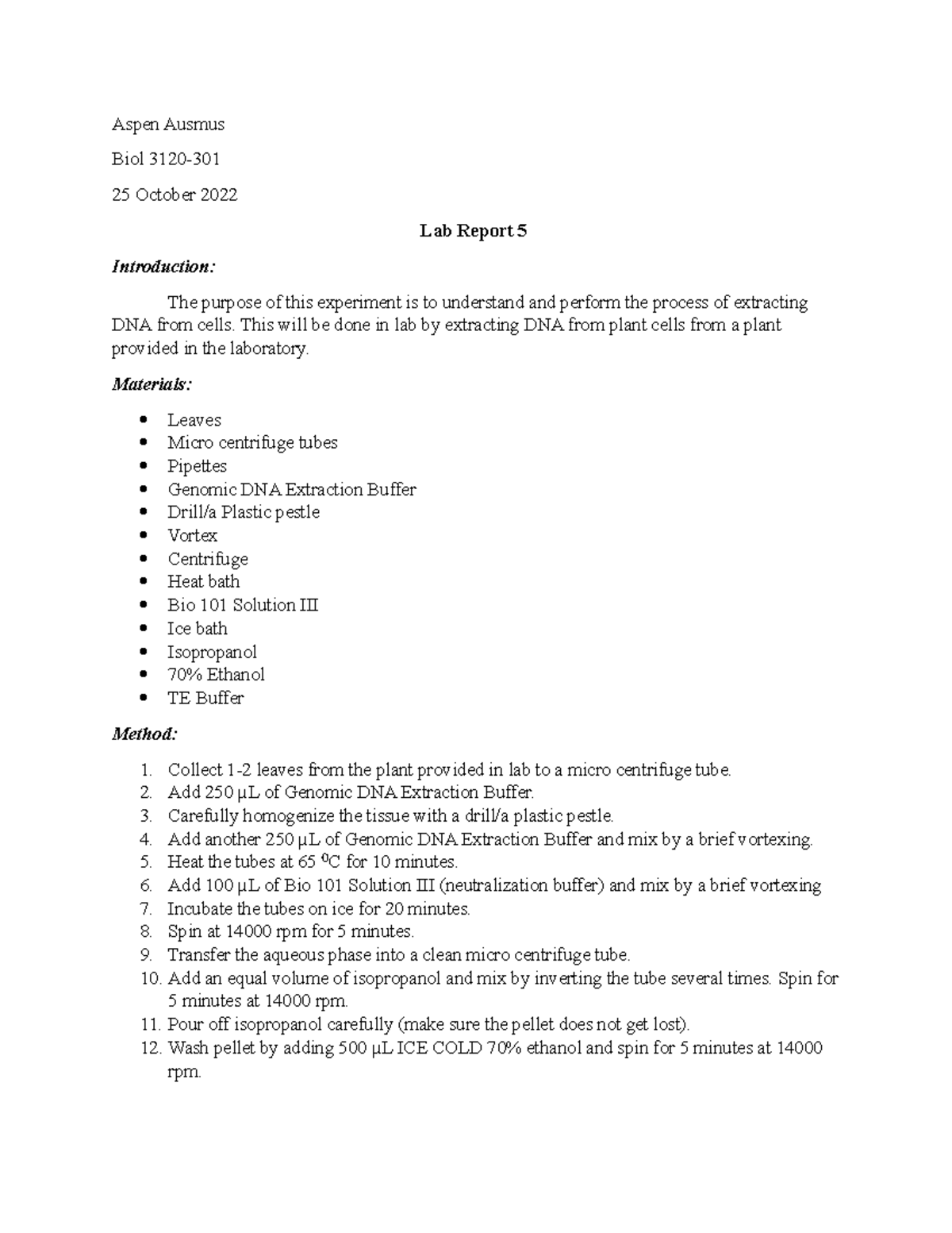 Biol 3120: Cell Bio Lab Report 6 - DNA Extraction Experiment - Studocu