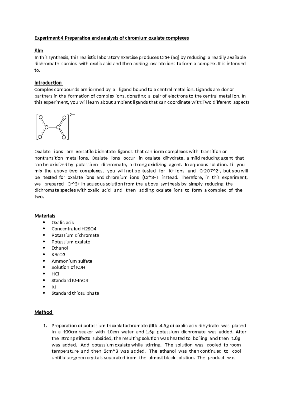 CH204 Lab 4 - Preparation & Analysis of Chromium Oxalate Complexes ...