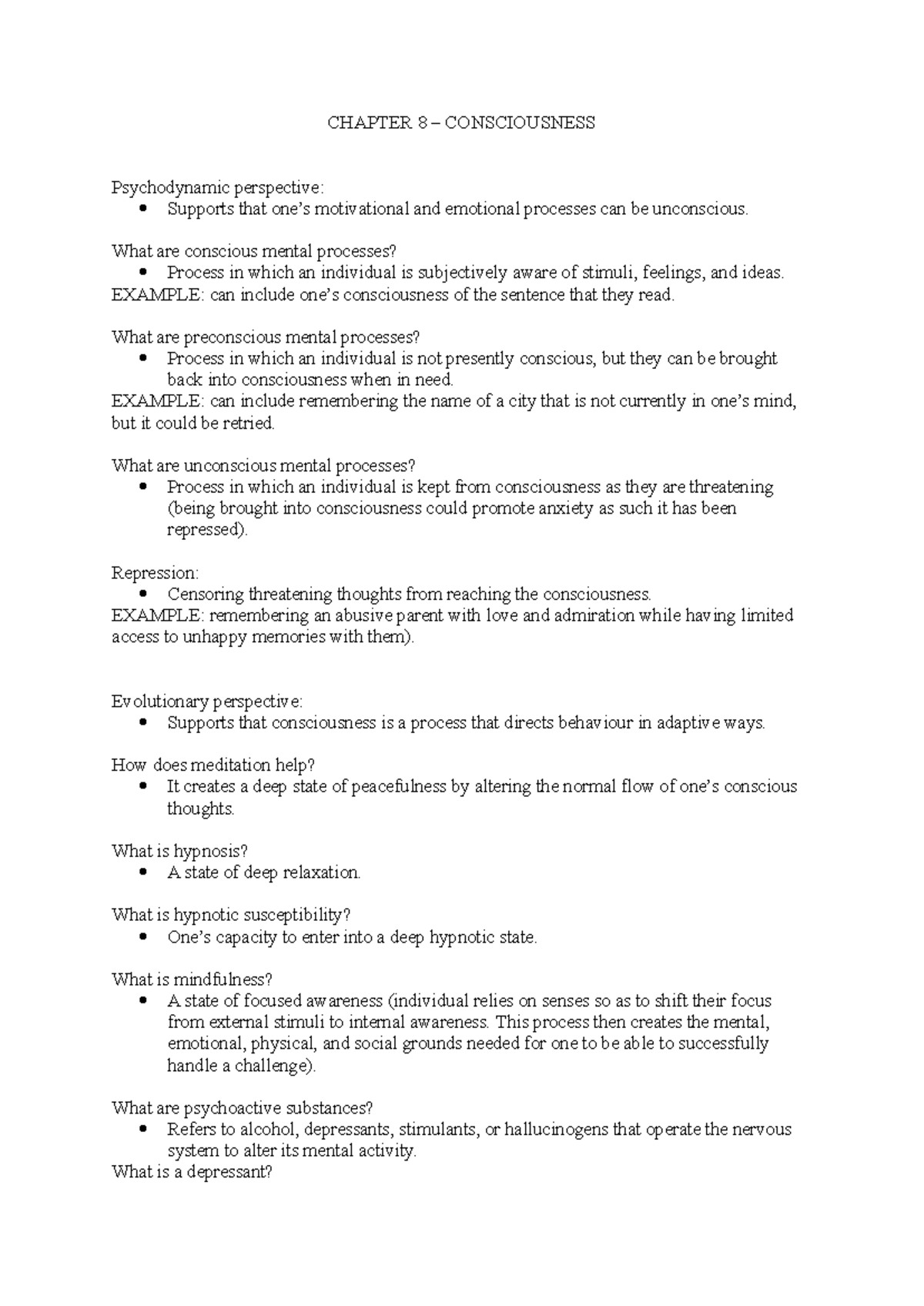 WEEK 5 - Consciousness: Lecture Notes on Psychodynamic & Evolutionary ...