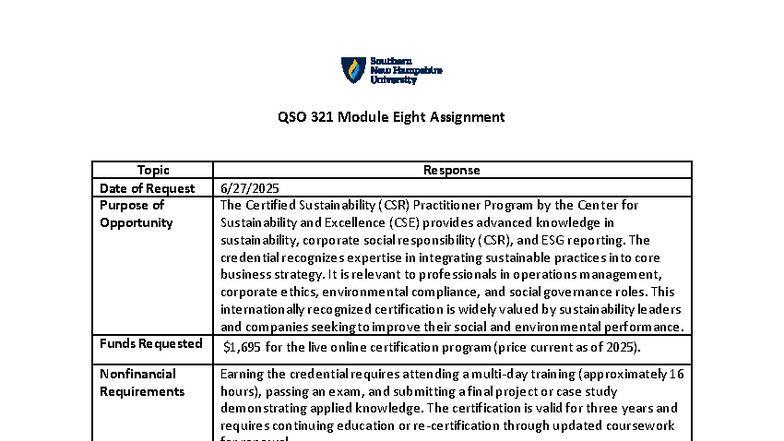 QSO 321 - Module 8 Assignment: CSR Practitioner Program Overview - Studocu
