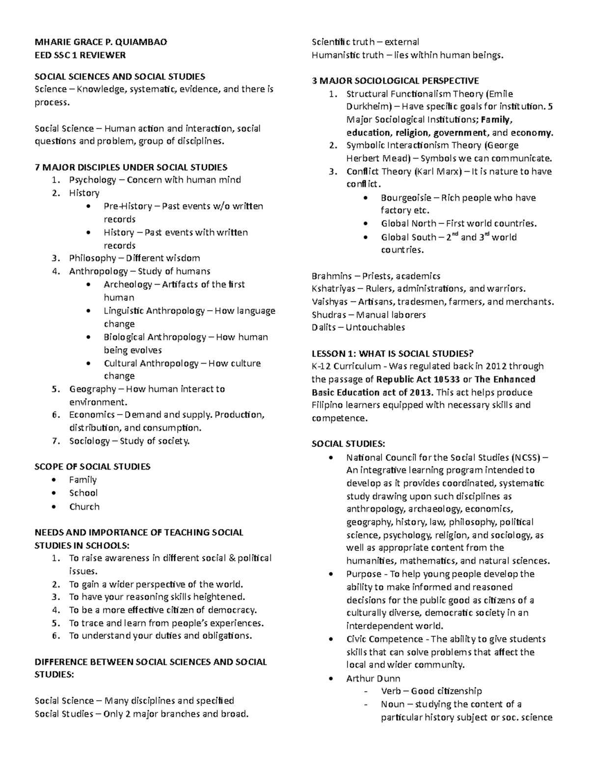 SSC1 SOCIAL STUDIES REVIEWER: Key Concepts and Theories in Social ...