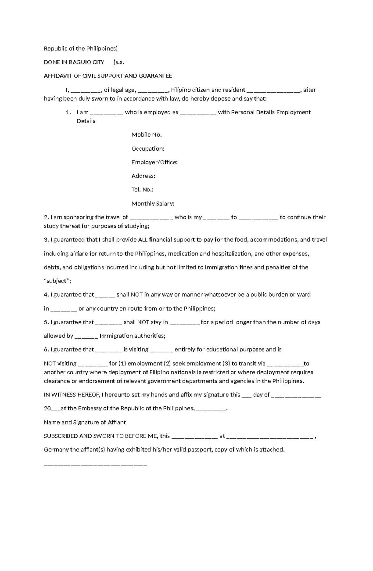 Draft Affidavit of Support for Educational Purposes in Germany - Studocu